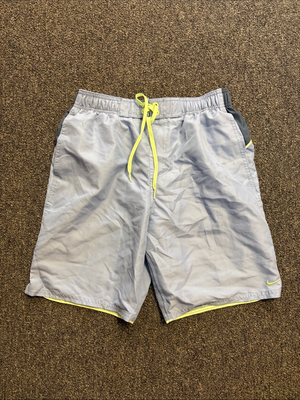 Nike Light Gray Swim Trunks with Neon Yellow Accents